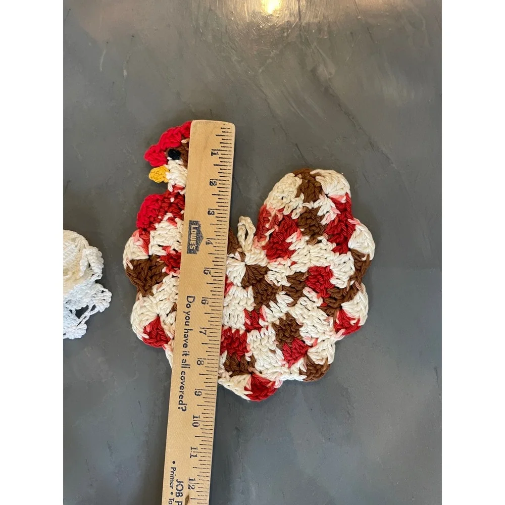 VTG Handmade Crochet Chicken Doily Toaster Cover Rooster Potholder Set Farmhouse